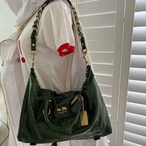 Coach Olive Green Patent Leather Shoulder Bag with Gold Chain